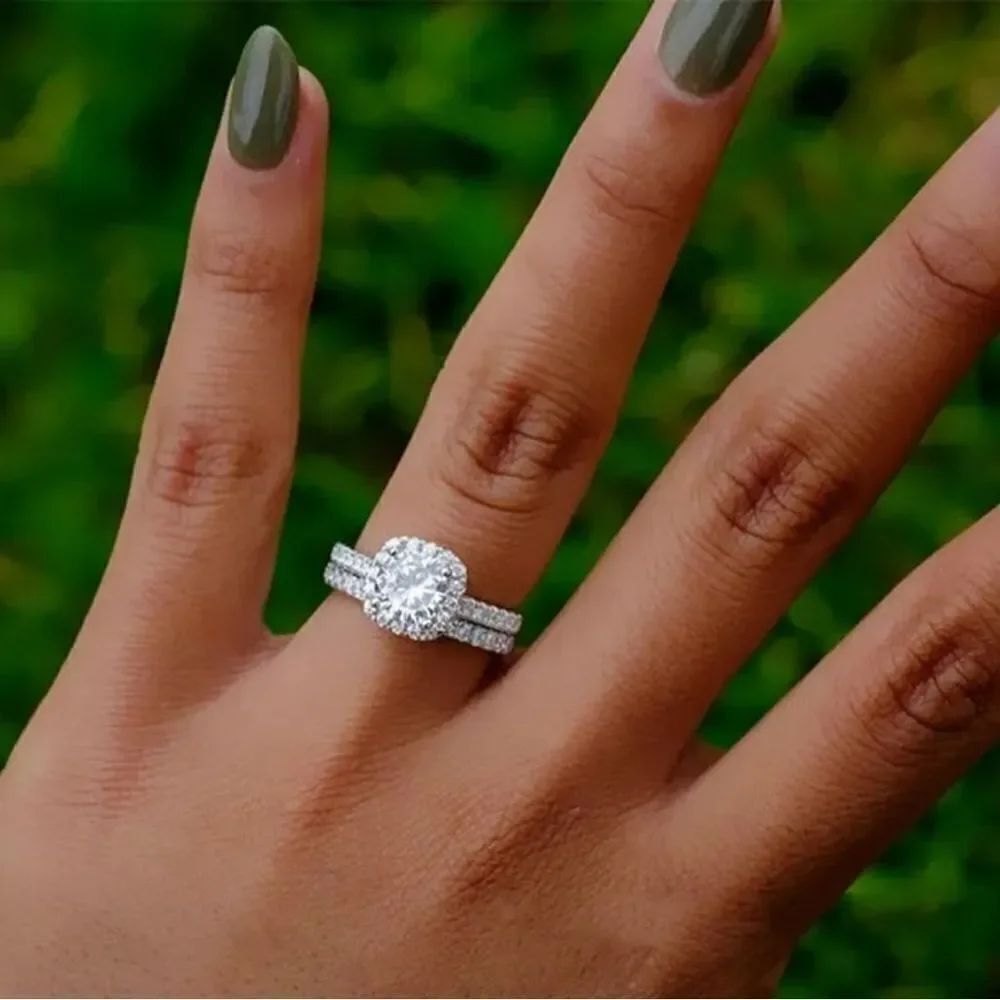 Silver Cubic Zirconia Wedding Ring Set vintage inspired inclusive sizes